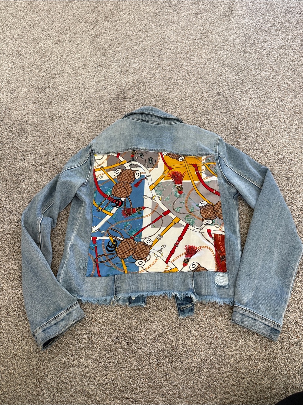 Htrailz Women's Light Wash Distressed Denim Jacket With Silk Floral Backing S